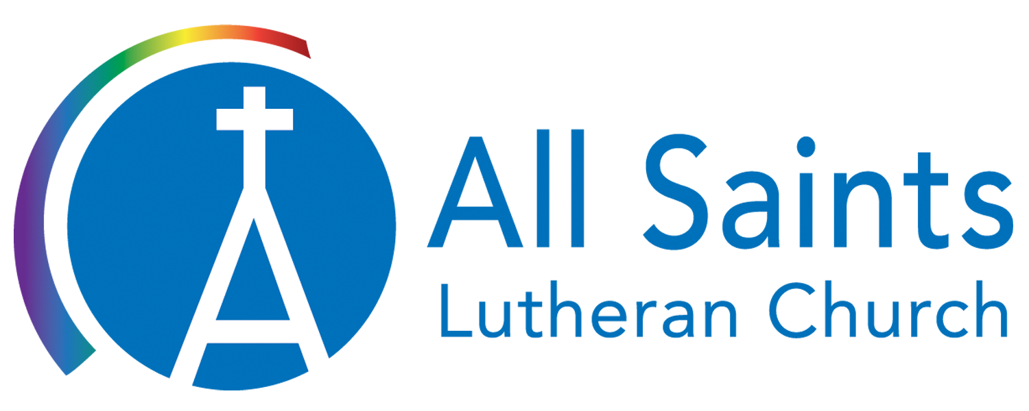 The image displays the All Saints Lutheran Church logo, featuring a white cross, rainbow arc, and text on a blue background.