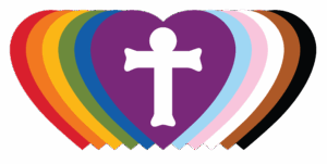 A series of overlapping colorful hearts with a white cross in the center, symbolizing inclusion and faith.