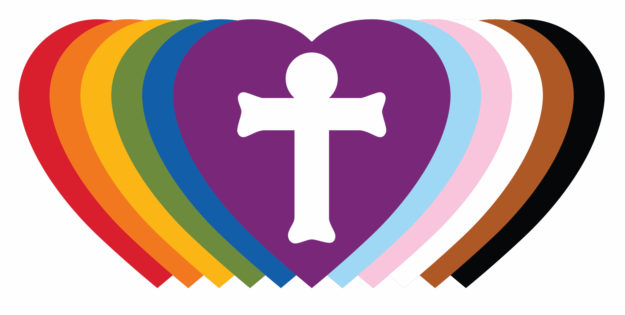 A series of overlapping colorful hearts with a white cross in the center, symbolizing inclusion and faith.
