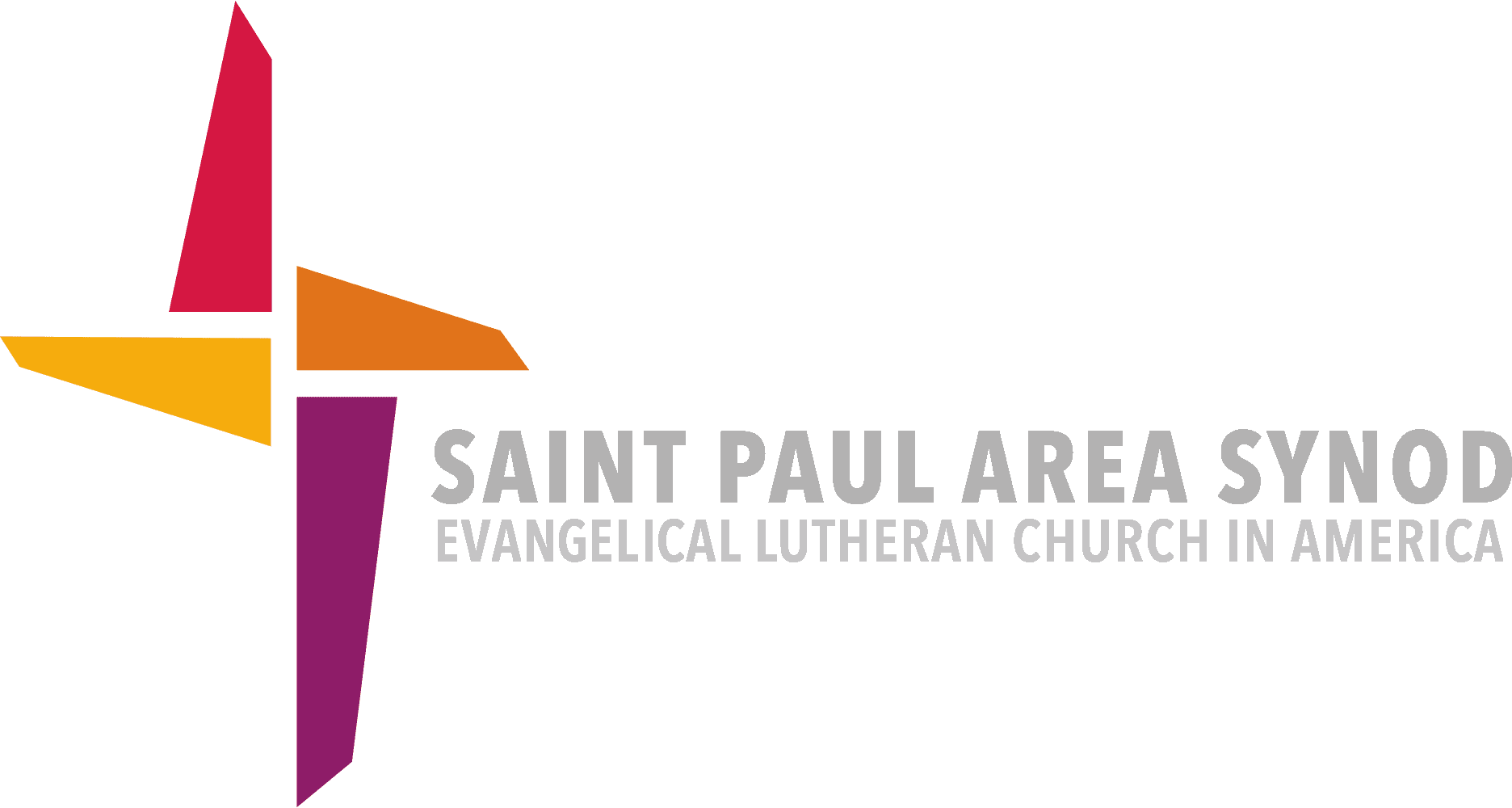 Abstract cross design with red, orange, and purple colors; text reads "Saint Paul Area Synod, Evangelical Lutheran Church in America."